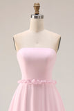 Blushing Pink A Line Strapless Chiffon Long Bridesmaid Dress with Slit