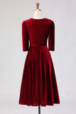 Burgundy A Line V Neck Velvet Midi Work Dress with Half Sleeves