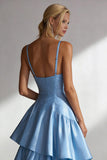 Light Blue A Line Spaghetti Straps Tiered Ruffle Satin Maxi Dress