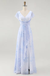 Blue Floral A Line V Neck Backless Long Bridesmaid Dress with Slit