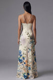 Floral Printed Ivory Ruched Long Formal Dress with Slit