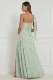 Dusty Sage One Shoulder A Line Floral Bridesmaid Dress with Slit