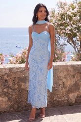 Blue Floral Lace Spaghetti Straps Wedding Guest Dress with Scarf