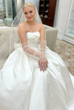 White Strapless Bow Back Pearls A Line Wedding Dress