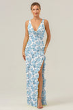 Green Large Floral Sheath V Neck Open Back Bridesmaid Dress with Ruffle Slit