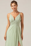 Dusty Sage A Line Spaghetti Straps Pleated Chiffon Maternity Bridesmaid Dress With Slit
