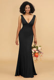 Mermaid V neck Open Back Long Chiffon Bridesmaid Dress With Ruffles