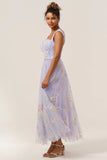 A Line Sweetheart Lilac Tea Length Prom Dress with Embroidery