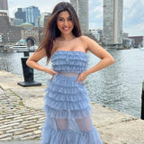 Georgia Maxi Dress Smoky Blue Ruffle Tulle Dress With Sheer Detail