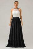 A Line Halter Pleated Keyhole Chiffon Bridesmaid Dress With Lace