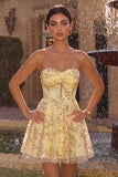 Strapless A Line Corset Sequin Yellow Homecoming Dress