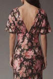 Pink Floral V Neck Wedding Guest Dress with Flutter Sleeves