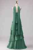 Eucalyptus Sweetheart A Line Tiered Ruffled Long Bridesmaid Dress with Streamer