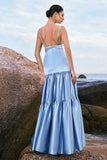 Sky Blue A Line Spaghetti Straps Satin Long Bridesmaid Dress with Ruffles