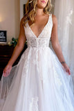 Ivory A Line Deep V Neck Backless Long Wedding Dress with Lace