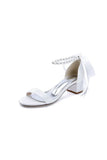 Block Heel Sandal Adorned with Pearl Ankle Band and Ribbon Bow