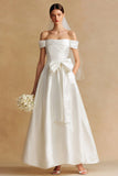 Elegant White A Line Off The Shoulder Long Wedding Dress with Bow