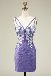 Sparkly Purple Sheath Sequins Short Homecoming Dress with Lace Up Back