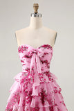 Strapless Pink Flower A line Tiered Short Homecoming Dress with Bow