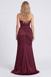 Burgundy Strapless Mermaid Ruched Corset Formal Dress with Slit