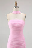 Pink Strapless Ruched Mermaid Long Bridesmaid Dress with Slit