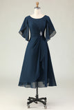 Navy A Line Ruched Chiffon Short Sleeves Chiffon Midi Dress with Rhinestones