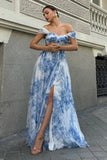 White Blue Flower A Line Off the Shoulder Ruched Corset Maxi Dress with Slit