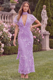 Lilac V Neck Mermaid Floral Wedding Guest Dress with Scarf