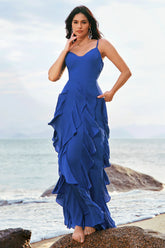 Dark Blue A Line Spaghetti Straps Floor Length Bridesmaid Dress with Ruffles