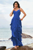 Dark Blue A Line Spaghetti Straps Floor Length Bridesmaid Dress with Ruffles