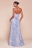 CASSIE GOWN BLUE STRAPLESS A LINE FLORAL CHIFFON DRESS