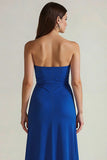 Strapless Royal Blue Ruched Long Formal Dress with Slit