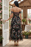 Black Off the Shoulder Floral A Line Midi Wedding Guest Dress