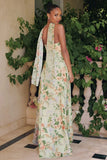 MEADOWS GOWN STRAPLESS A LINE SAGE FLORAL CHIFFON GOWN WITH SCARF
