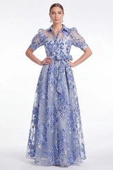 Blue A Line Collar Floral Jacquard Mother of the Bride Dress with Half Sleeves