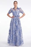 Blue A Line Collar Floral Jacquard Mother of the Bride Dress with Half Sleeves