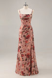 Dusty Rose Flower Spaghetti Straps Corset Ruched Long Bridesmaid Dress with Slit
