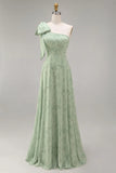 One Shoulder Dusty Sage Floral A Line Long Bridesmaid Dress
