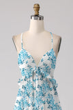 Blue Flower A Line Spaghetti Straps Backless Long Bridesmaid Dress With Ruffles