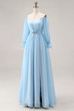 Off the Shoulder Sky Blue A Line Long Sleeve Bridesmaid Dress with Slit