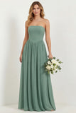 Strapless Eucalyptus Chiffon A Line Long Bridesmaid Dress with Pockets