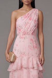 One Shoulder Floral Tiered A Line Pink Wedding Guest Dress