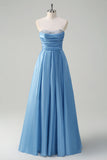 Blue A Line Strapless Pleated Long Prom Dress With Beading