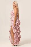 Blush Sheath Ruffle Chiffon Print Floral Long Plus Size Bridesmaid Dress with Slit
