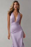 Lilac Halter Mermaid Ruffle V Neck Long Formal Dress