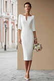 Sheath Ivory Bateau Neck Midi Courthouse Wedding Dress With Half Sleeves
