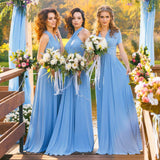 A Line Chiffon Convertible Sky Blue Bridesmaid Dress