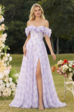 Lilac Off The Shoulder A Line Corset Print Floral Long Prom Dress with Slit