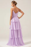 A Line Spaghetti Straps Tiered Floor Length Lilac Bridesmaid Dress With Slit