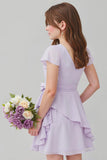 Purple Chiffon A Line Short Junior Bridesmaid Dress with Bow